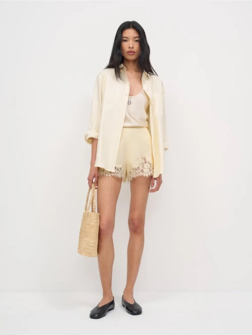 NEW Reformation Fern Sugar Yellow Lace Trim Linen Shorts Elastic Waist | US XS - Picture 3 of 13